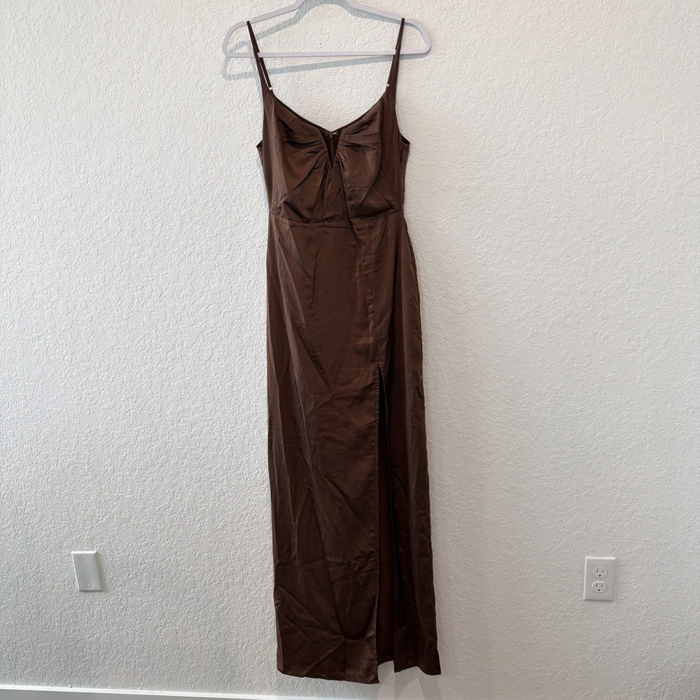 Lulu's NWT Lovely Drama Brown Satin Sleeveless A-Line Maxi Dress Size Small